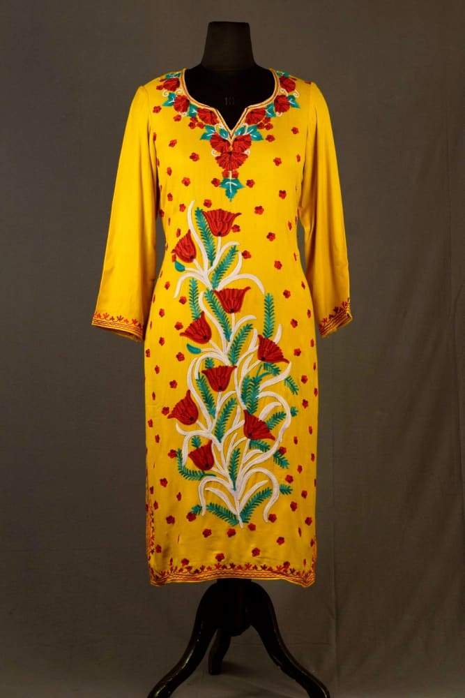 YELLOW MUSTARD COLOUR AARI WORK EMBROIDERED KURTI WITH NEW DESIGNER PAISLEYS PATTERN