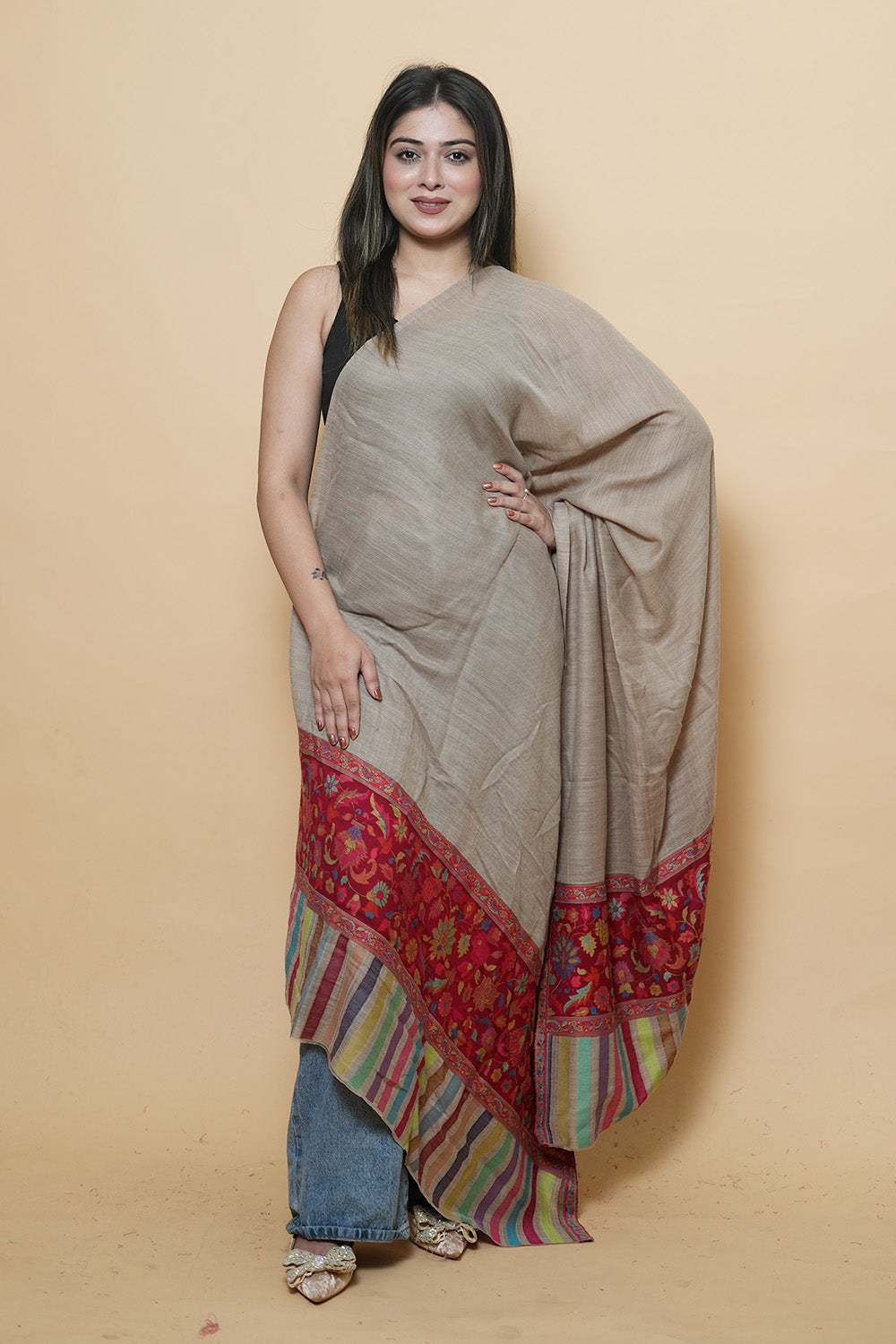 Beige Colour Kani Shawl With Style Bold And Dense Border