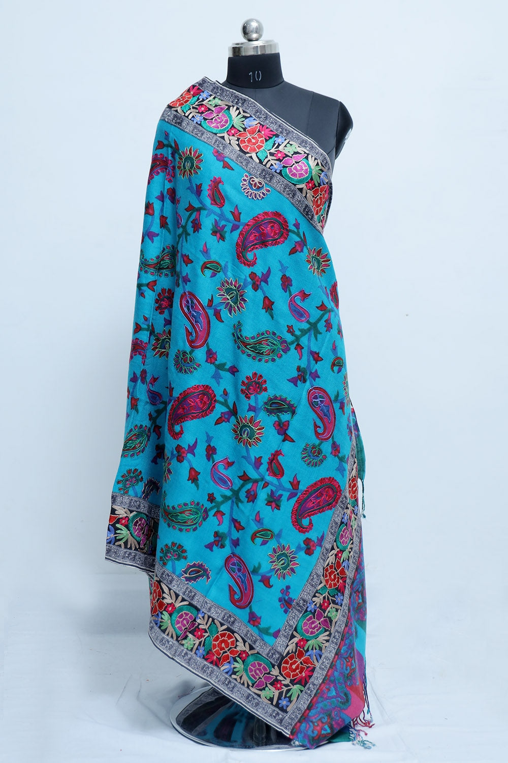 blue colour designer shawl beautifully highlighted pattern sure give warm look kani work 346