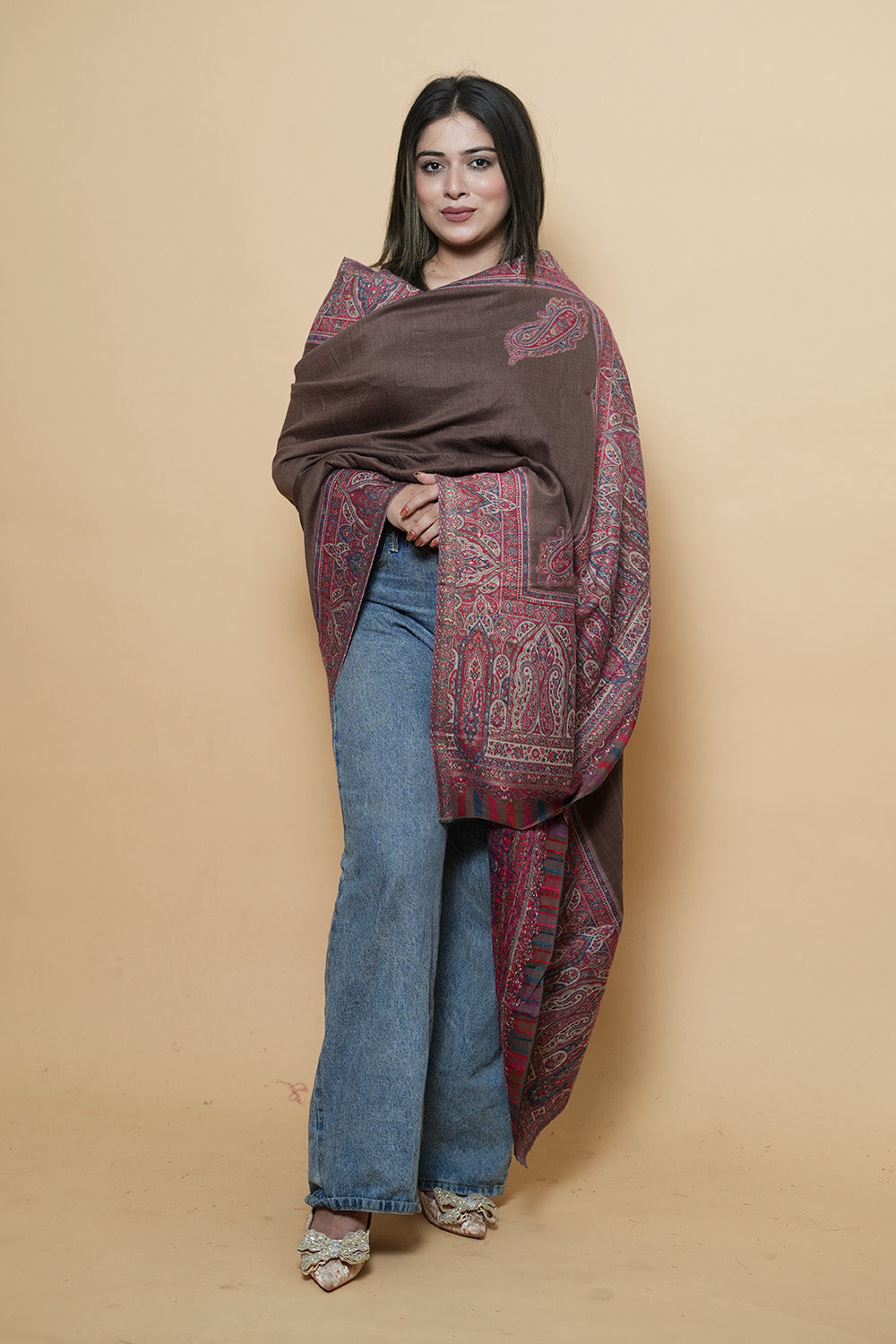 Brown Colour Kani Shawl With Style Bold And Dense Border