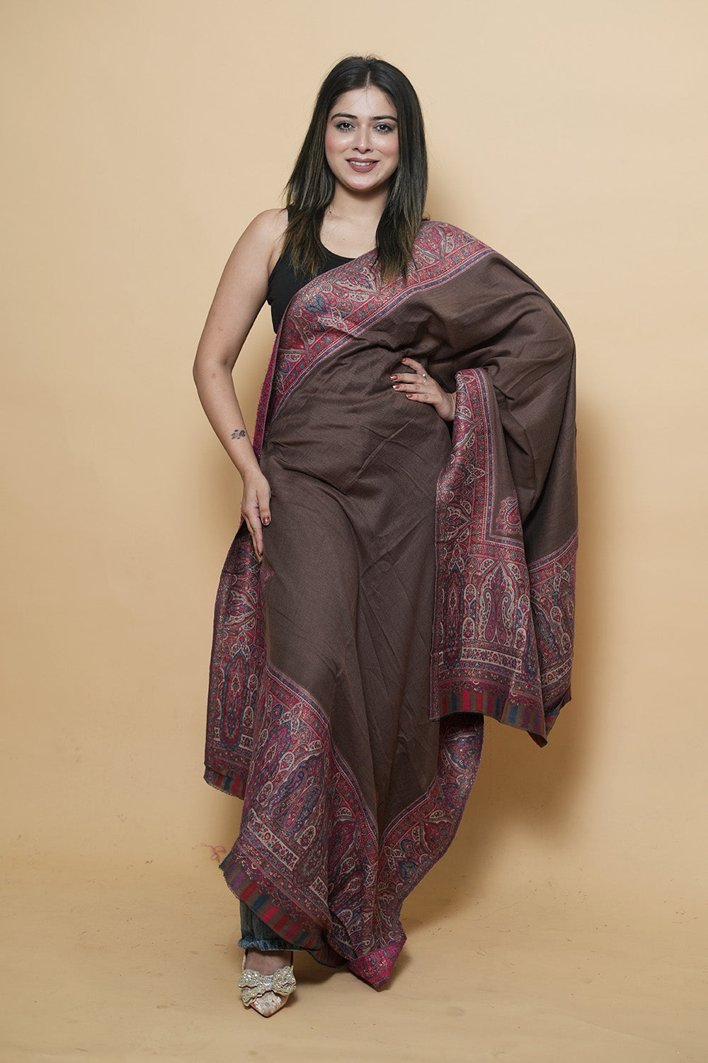 Brown Colour Kani Shawl With Style Bold And Dense Border