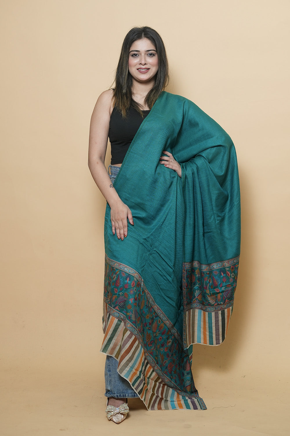 Green Colour Kani Shawl With Bold And Dense Border Gives