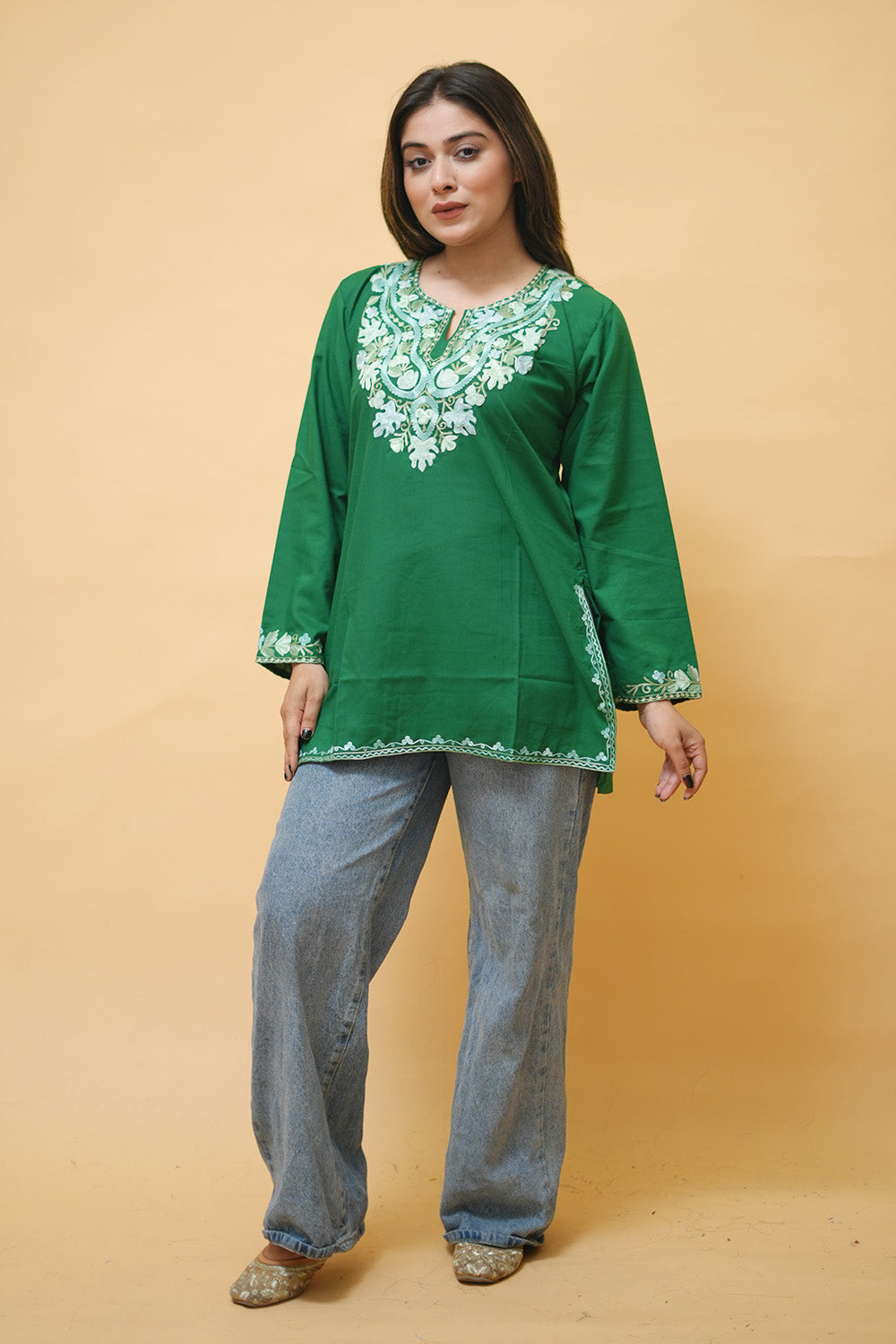 Green Cotton Aari Work Kurti With Multicoloured Neckline