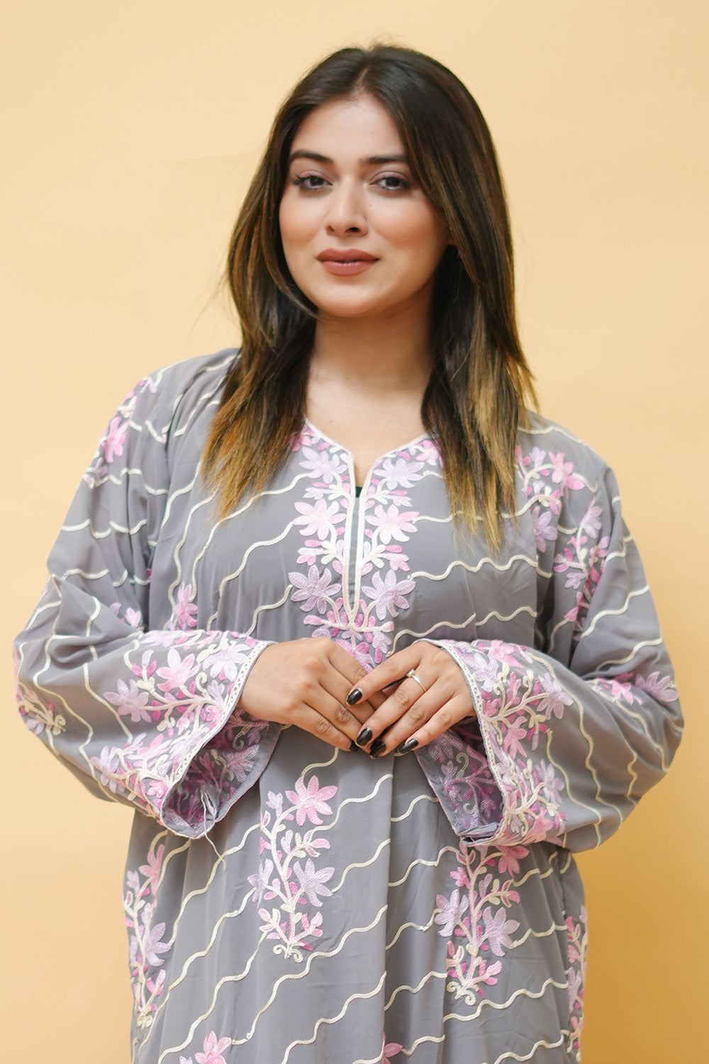 Grey Diagonal Kashmiri Kurti With Multicolour all over