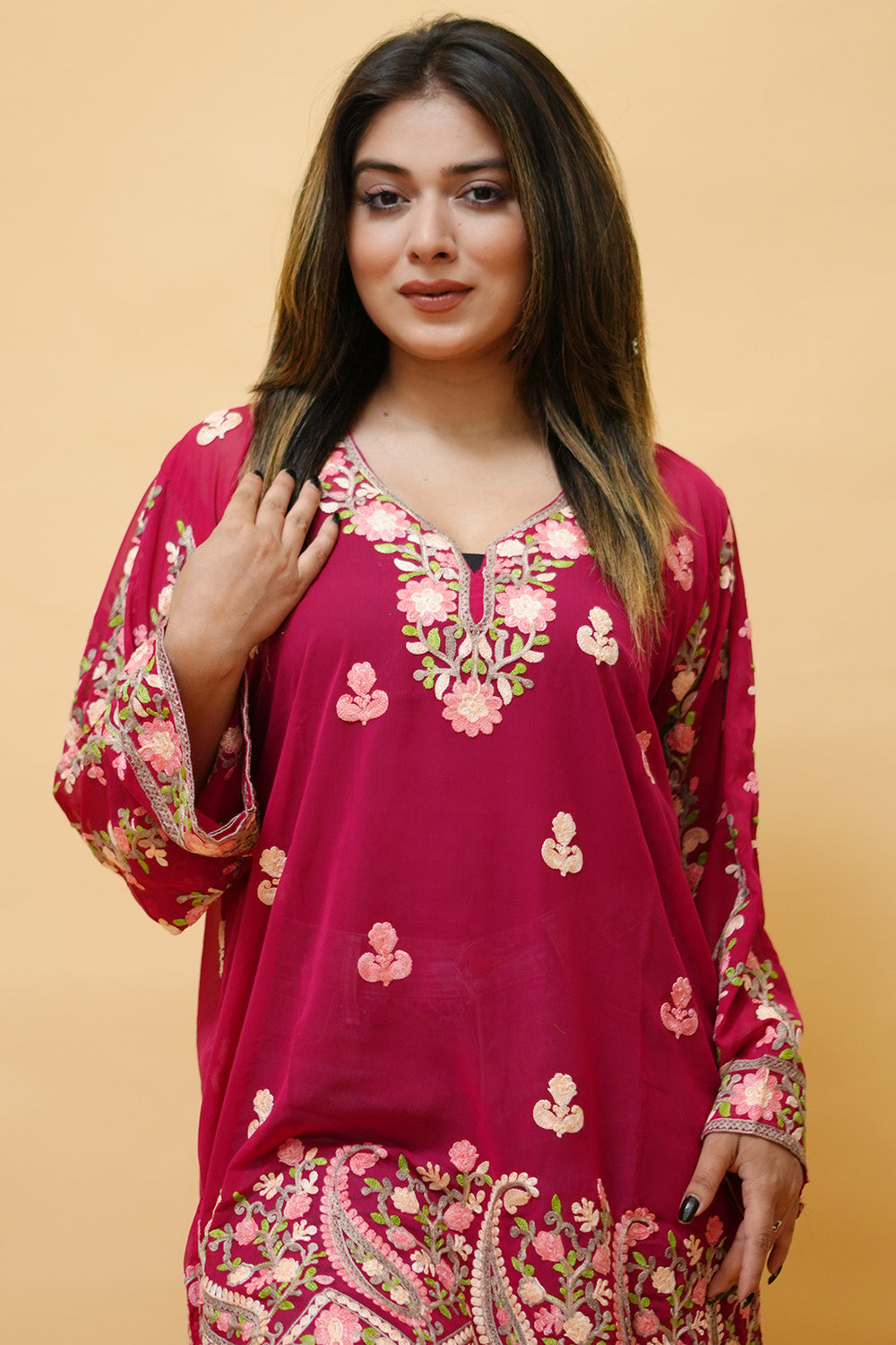 Magenta Pink Colour Aari Work Neck Short Kashmiri Kurti