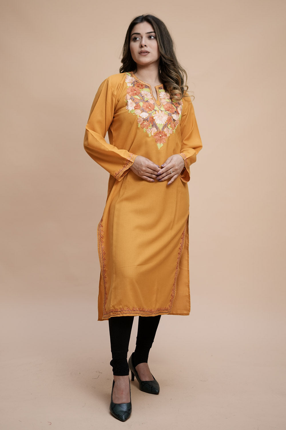 Mustard Colour Cotton Kurti With Kashmiri Motifs Latest