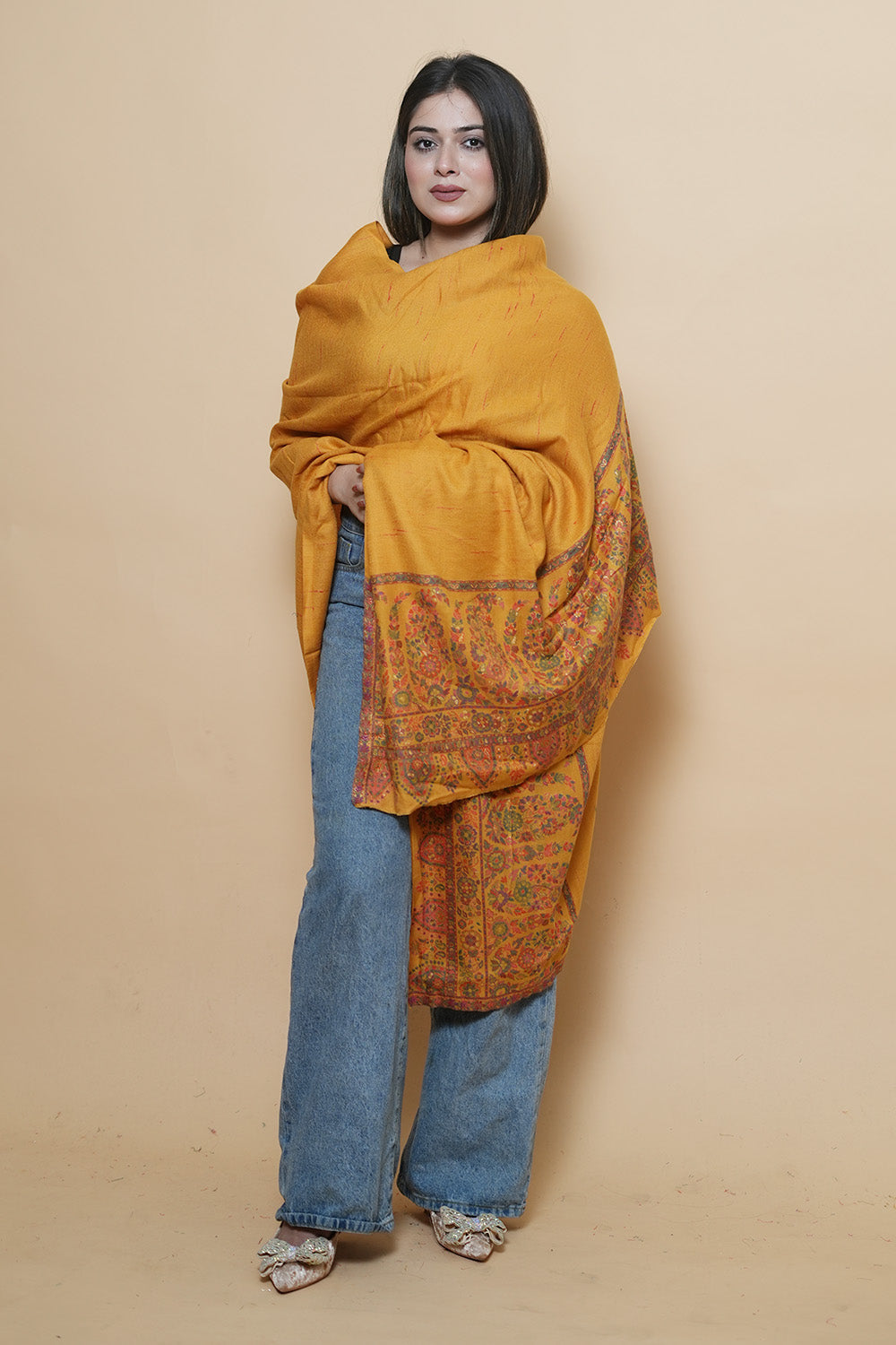 Mustard Colour Kani Shawl With Style Bold And Dense Border