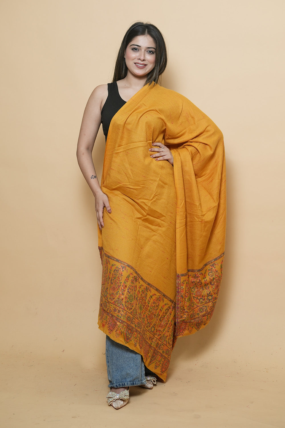 Mustard Colour Kani Shawl With Style Bold And Dense Border