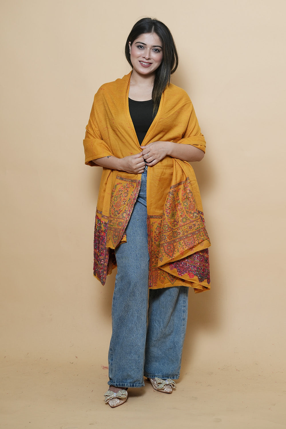 Mustard Colour Kani Shawl With Style Bold And Dense Border