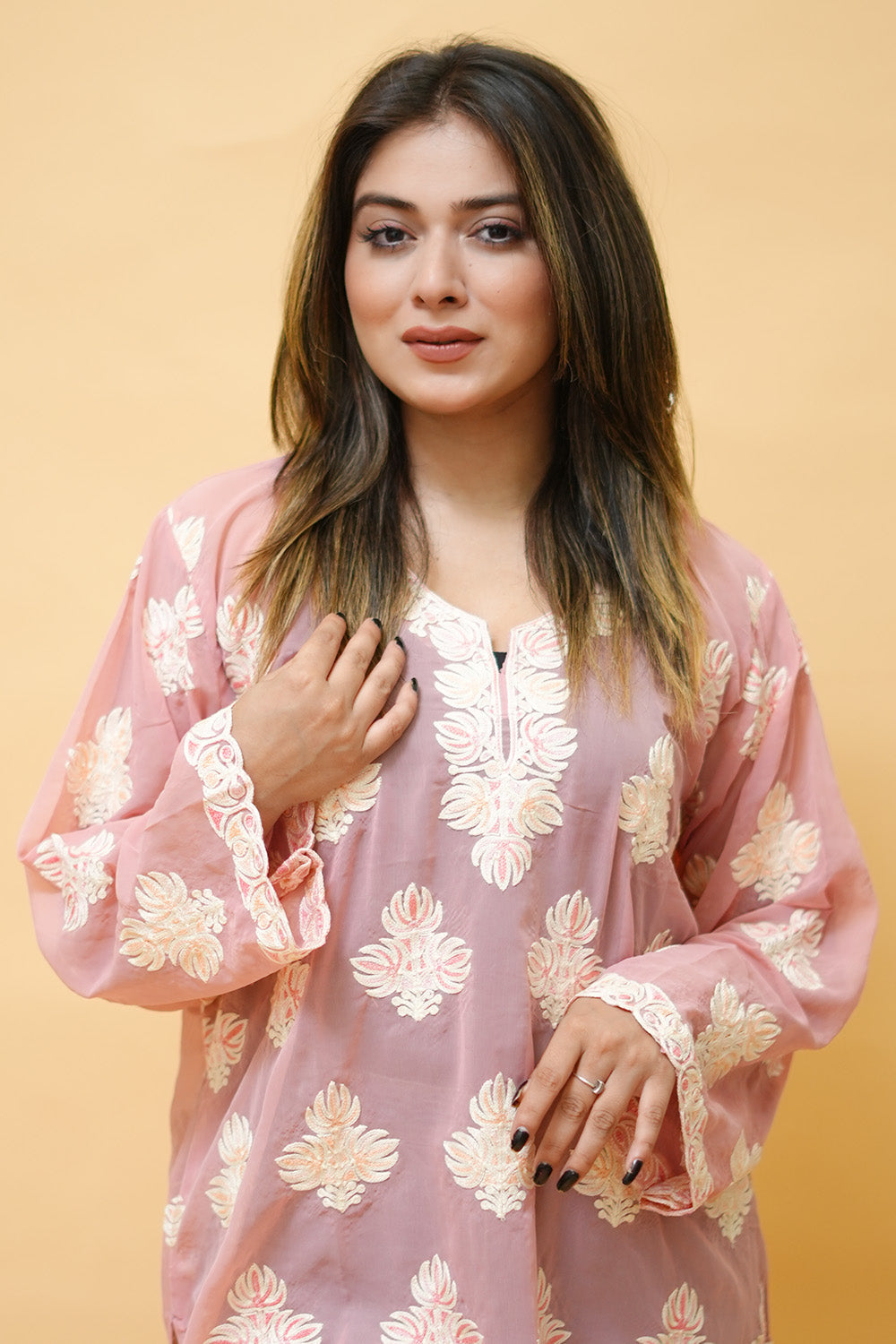 Pink Colour Aari Work Neck Short Kashmiri Kurti With Thread