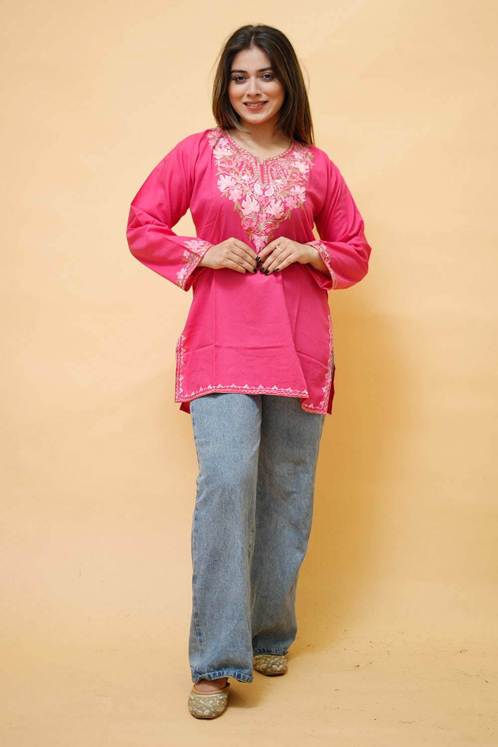 Pink Cotton Aari Work Kurti With Multicoloured Neckline