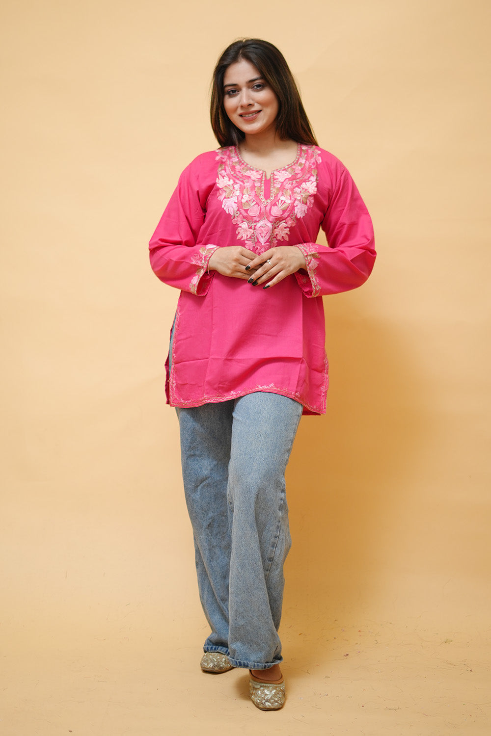 Pink Cotton Aari Work Kurti With Multicoloured Neckline