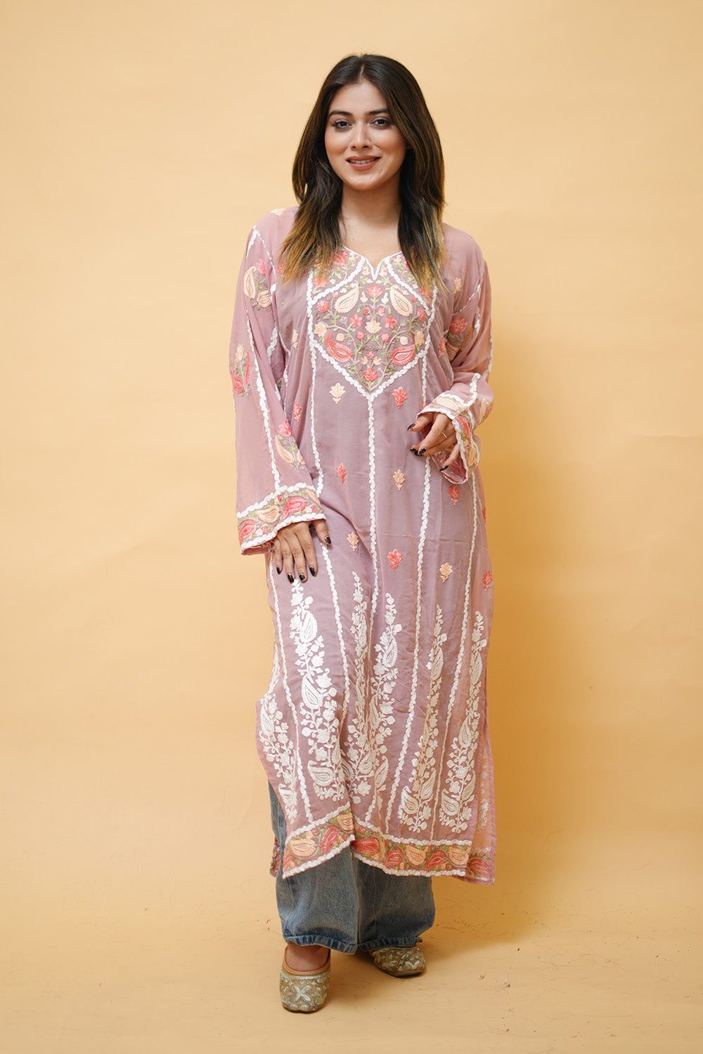 Pink Lining Kashmiri Kurti With Multicolour all over Front