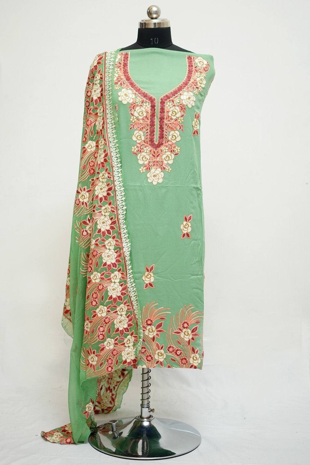 Pista Green Aari Work Salwar Kameez With Neckline Pattern