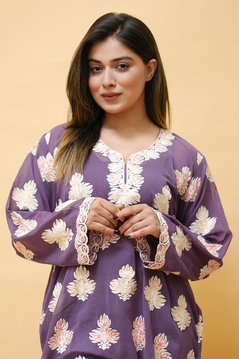 Purple Colour Aari Work Neck Short Kashmiri Kurti