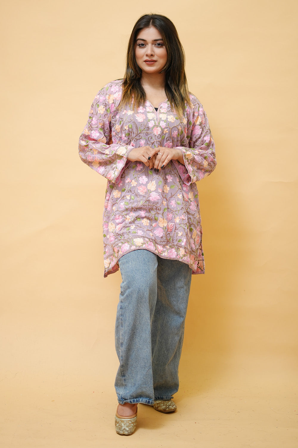 Purple Colour Aari Work Neck Short Kashmiri Kurti