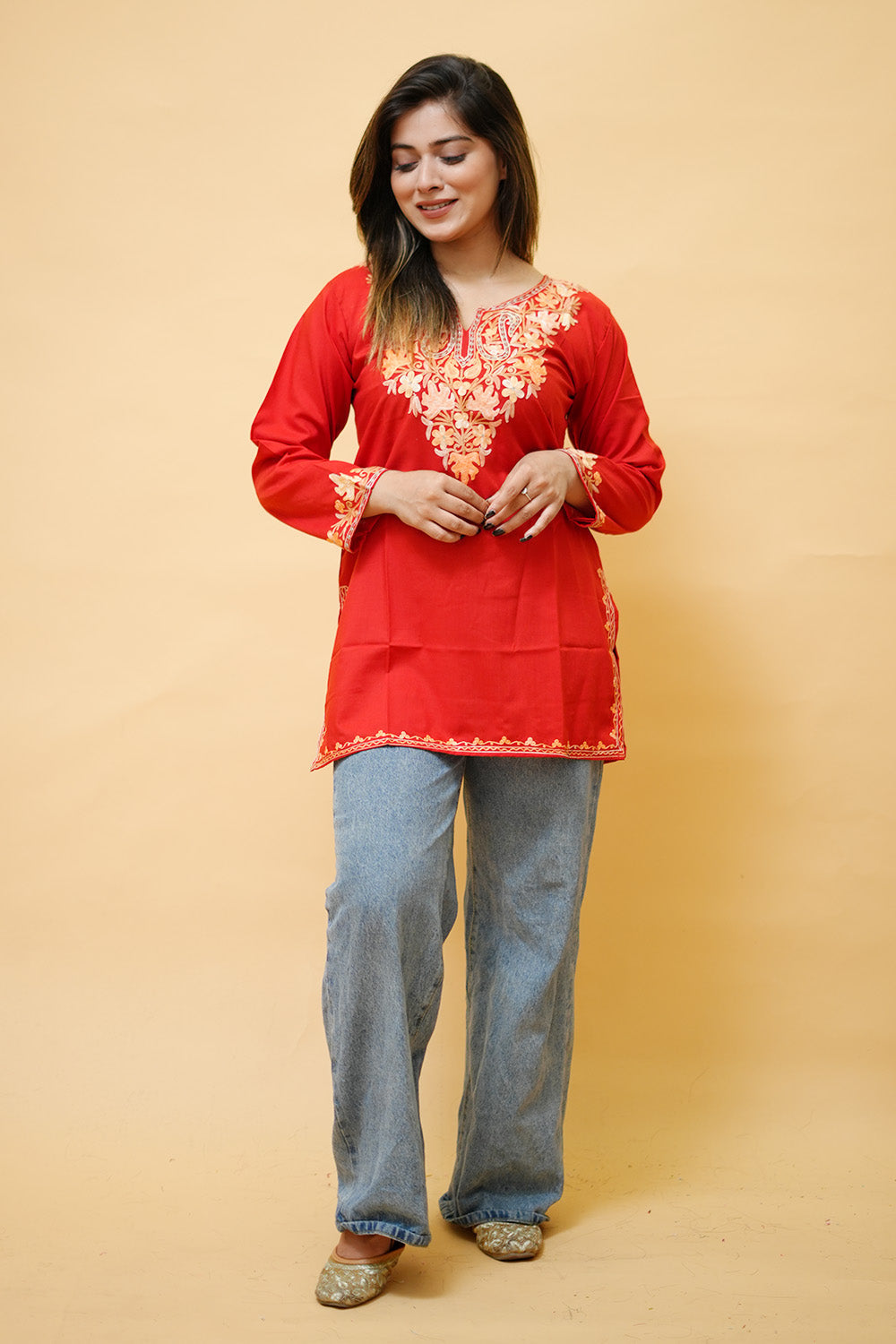 Red Cotton Aari Work Kurti With Multicoloured Neckline