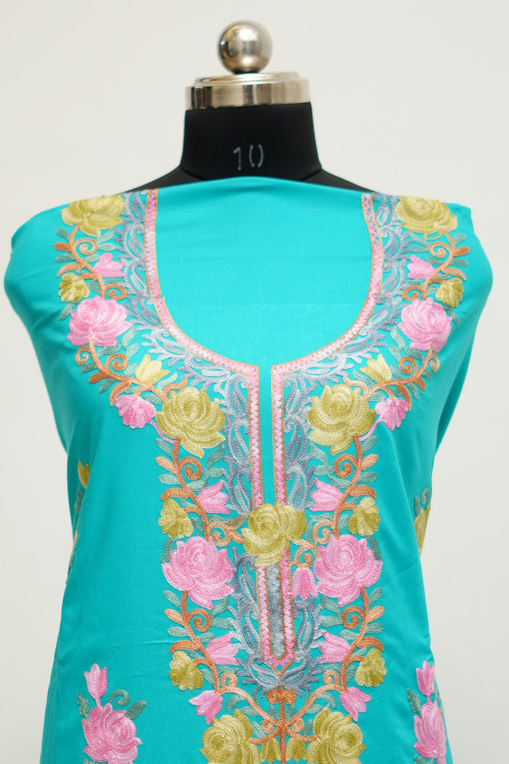 Sea Green Aari Work Salwar Kameez With Neckline Rose