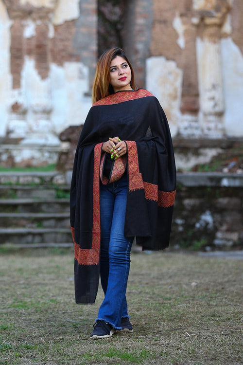 Exotic pitch black colour kashmiri sozni shawl embellished with