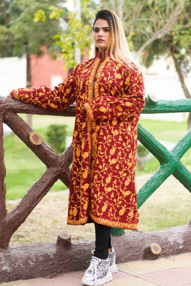Kashmiri Designer Long Jackets | Embroidered Silk Coat For Ladies