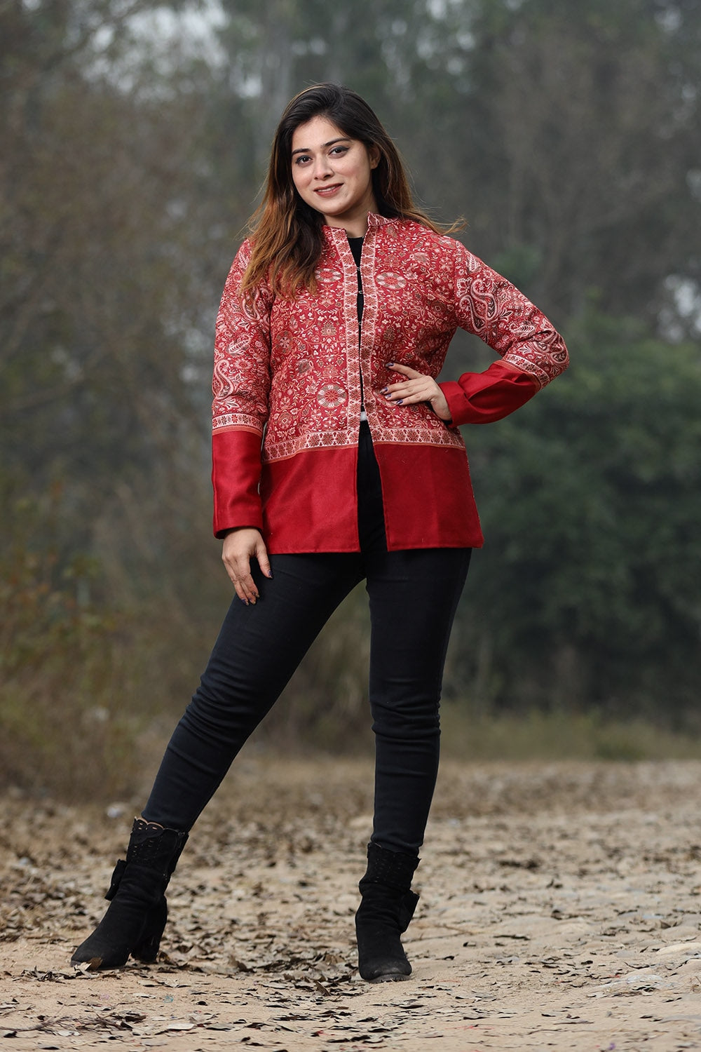 Maroon colour jamawar woven jacket with beautiful designer pattern