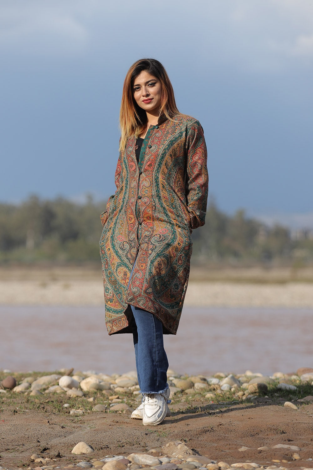 Green Kashmiri Short Jacket with Floral Work in Silk - Kasheer Online