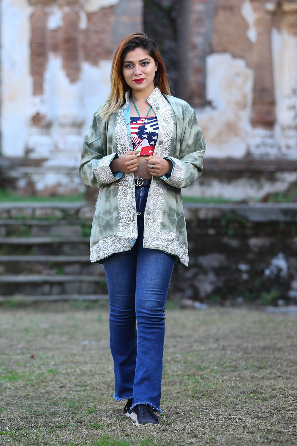 olive green colour kashmiri aari work embroidered jacket designer pattern enhance wearers 606