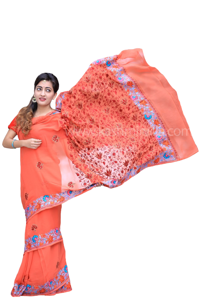 Maroon Colour Crepe Saree With Beautiful Multicolour Kashmiri Aari Work,  क्रेप साड़ी - Kyra International, Jammu | ID: 2852868769397