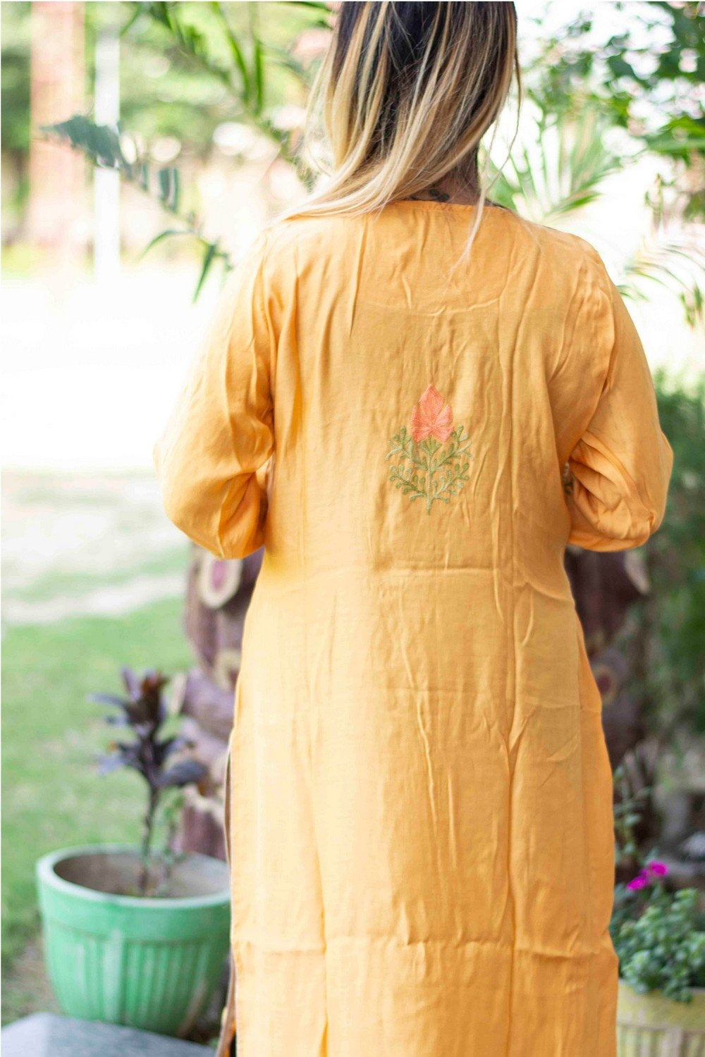 Yellow Mustard Colour Cotton Kurti With Beautiful Aari Embroidery